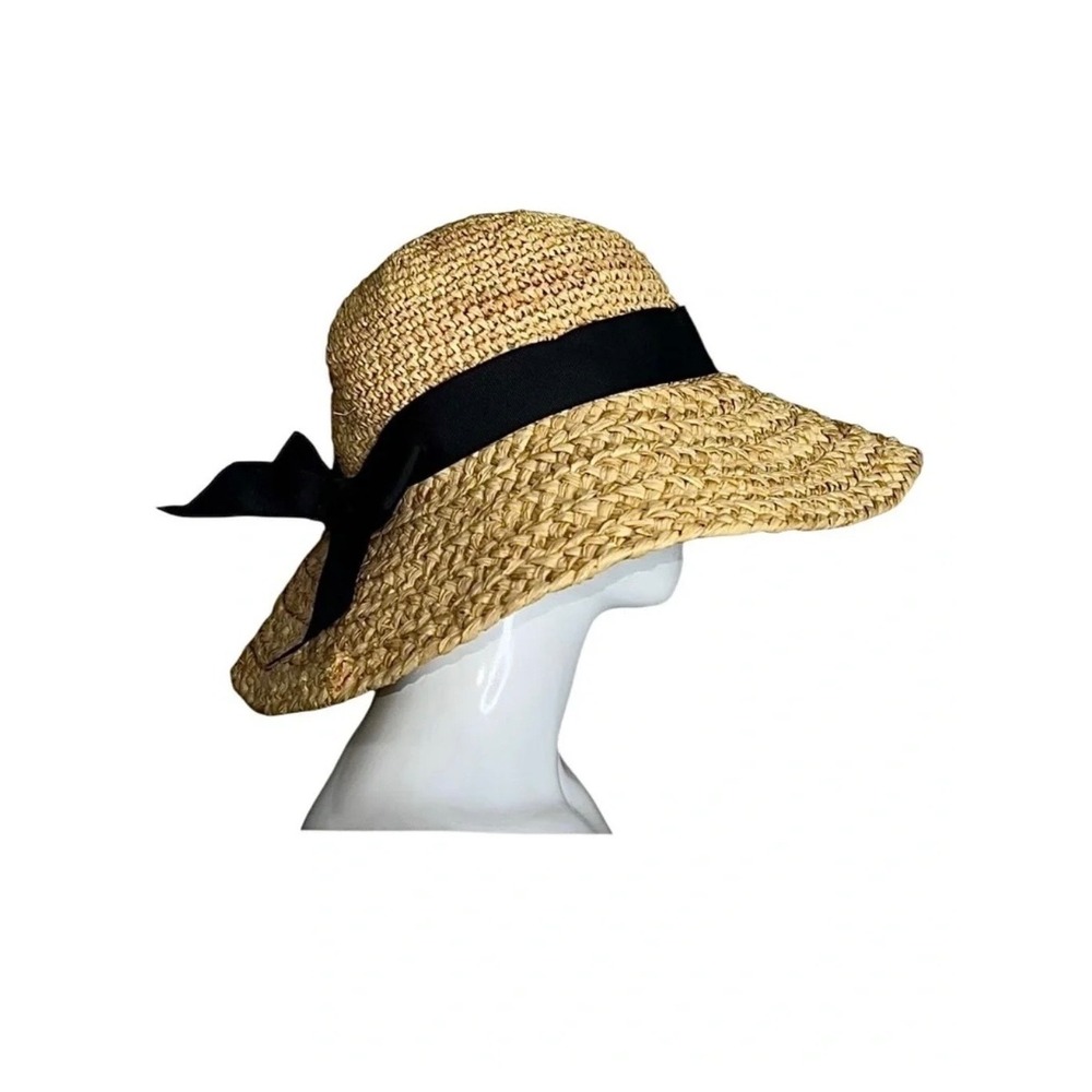 Ann Taylor Natural Fiber Woven Straw Wide Brim Sun Hat with Black Ribbon Bow